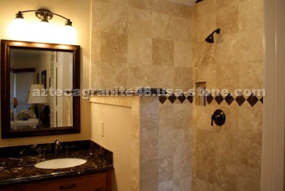 Travertine Wall Tile, Emperador Vanity Top
