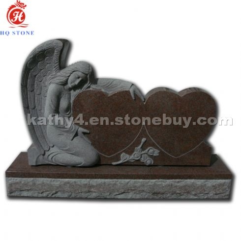Carved natural red granite angel monument with dou