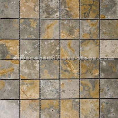 Gold Green 2x2 Polished Travertine Mosaic