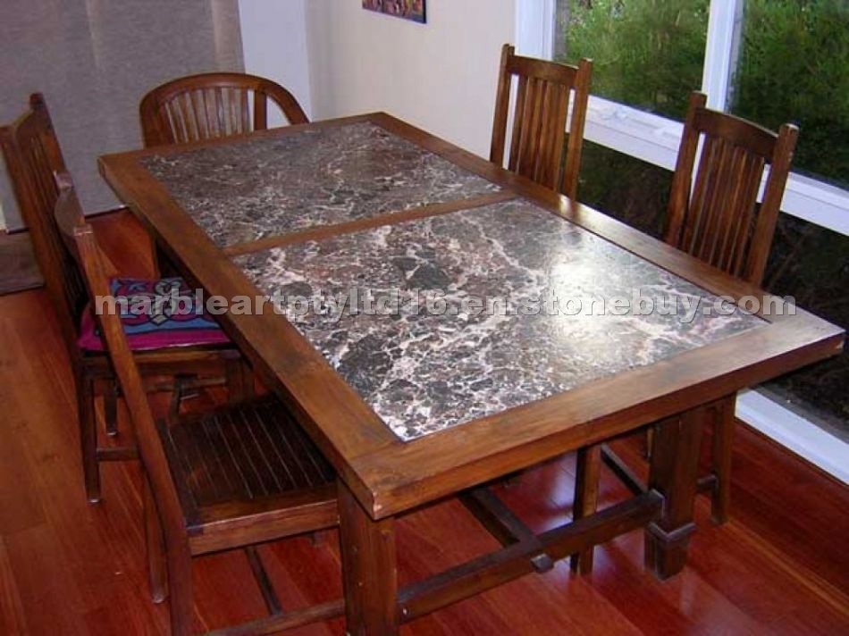 Teak wood table frames with stone inserts