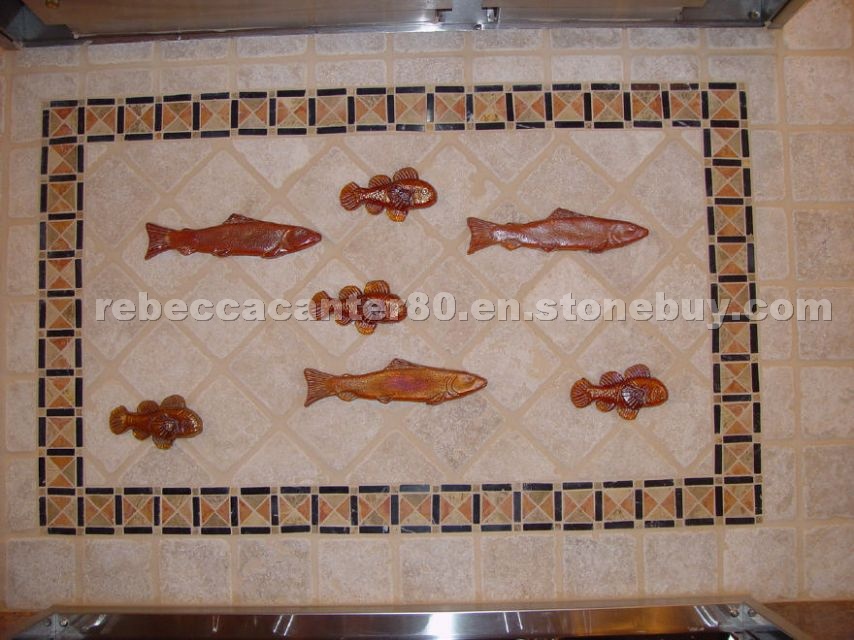 Glass fish tiles inserted kitchen backsplash