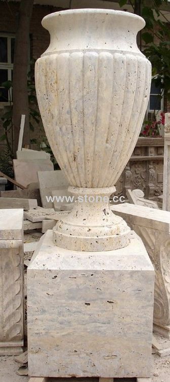Travertine Striated Vase with Pedestal (PS13)